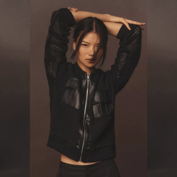 NEW Size S Women's Crochet Bomber Cardigan Sweater Black - By Anthropologie